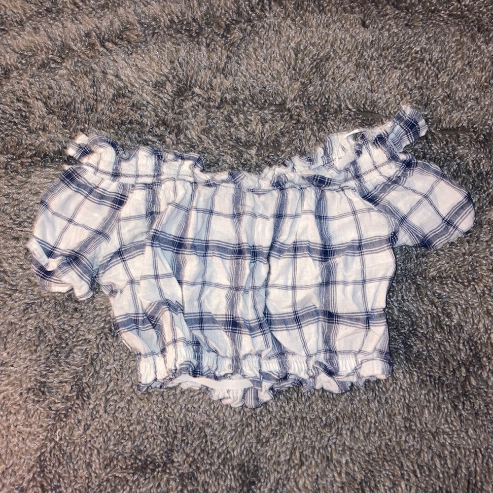 Blue and White Plaid off the shoulder crop top